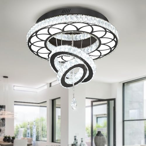 Dia 20" Modern Crystal Chandelier Flush Mount Chandeliers LED Dimmable Bedroom Chandelier Crystal Ceiling Light for Dining Room Living Room Foyer Black (Black / W:20inches)