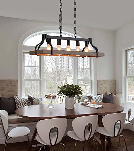 Rustic Kitchen Island Dining Room Light Fixture Farmhouse Linear Chandelier Black and Retro Wood Finish 5 (5-Light retro wood)