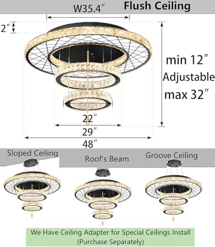 48 inch Large Size Glam Chandelier Crystal Ceiling Light for Living Room Chandeliers Lighting Fixtures with Remote Dimmable LED Light (48 inch / Black)