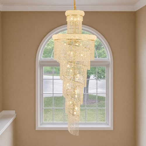 28 Light Large Long Spiral Crystal Chandelier for High Ceiling Foyer Entryway Living Room Staircase Gold Finish 78'' H X 28'' W X 28'' D (Gold / 78'' H X 28'' W X 28'' D)