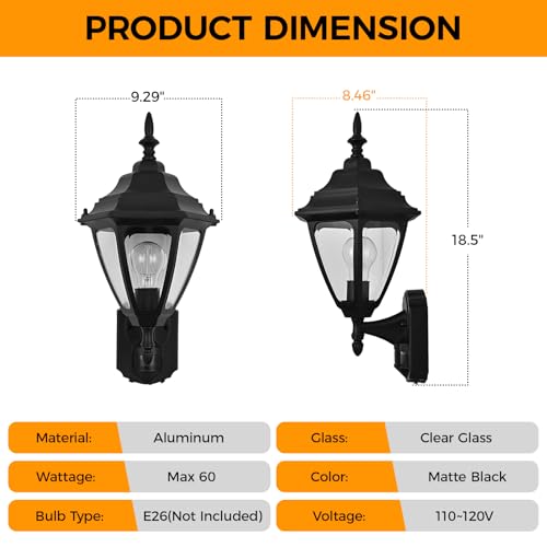18.5"Large Outdoor Motion Sensor Porch Light Dusk to Dawn Wall Sconce Light (Black / Large - 1 Pack)