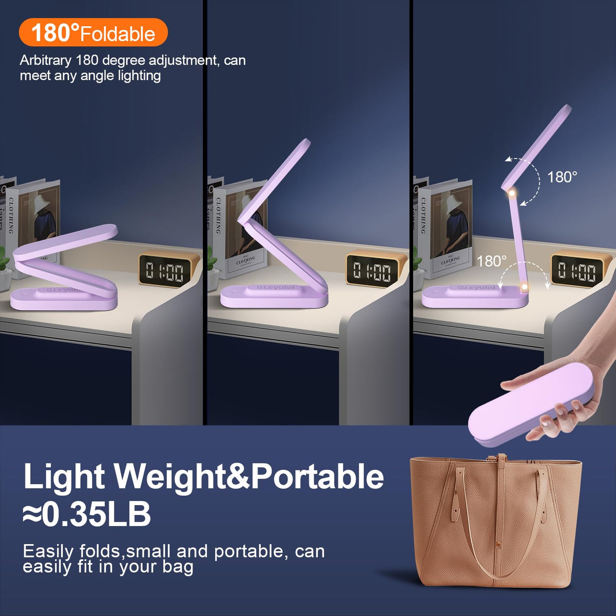 LED Desk Lamp for Office Home & Battery Operated Lamp Rechargeable Lamp Foldable & Portable Light (Purple (1-Pack))