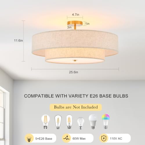 25.6" Large Gold Semi Flush Mount Ceiling Light (Gold - Drum - 25.6")