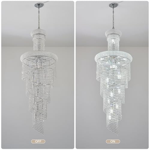 20 Light Spiral Crystal Chandelier Chrome Finish for High Ceiling Foyer Entryway Living Room Staircase 60'' H X 22'' W X 22'' D (Chrome / 60'' H X 22'' W X 22'' D)