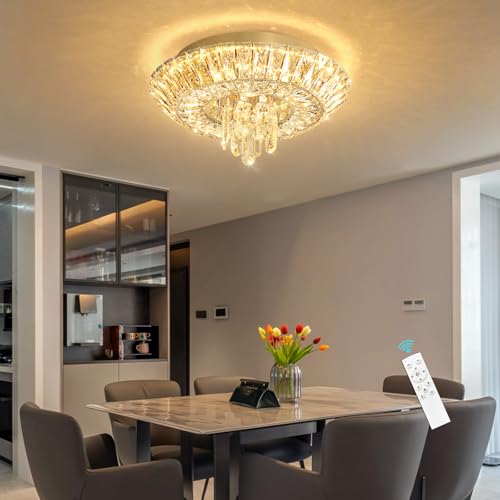Crystal Chandelier Modern Round Ceiling Light Fixture LED Raindrop Chandeliers Dimmable with Remote for Dining Room Living Room Entryway Hallway Bedroom Gold (Gold / W16")