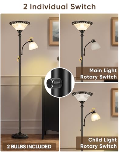 Torchiere Floor Lamp for Living Room with Reading Light (Black)