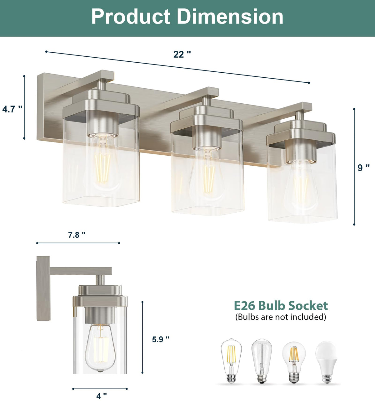 Brushed Nickel Bathroom Light Fixtures (Brushed Nickel / 3-Light, 22-inch)