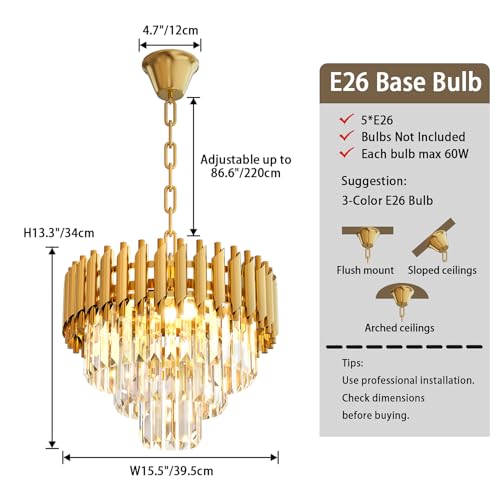 Modern Gold Crystal Chandelier 16" Round Chandeliers for Dining Room 3 Tiers Ceiling Pendant Light Fixtures Adjustable Hanging Chandeliers for Living Room Foyer Bedroom Kitchen (D15.5"XH13.3" Gold)