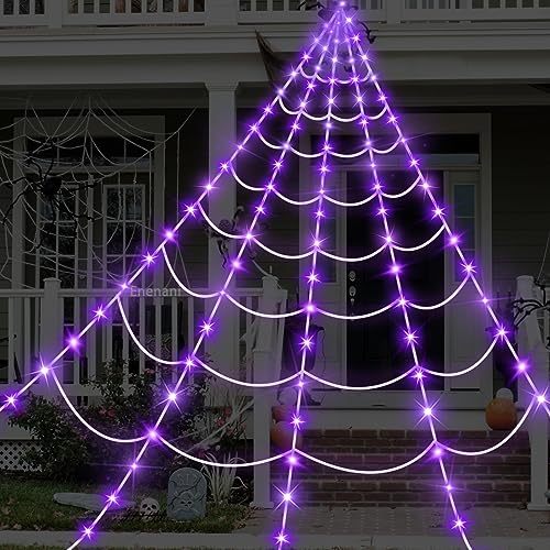 Spider Web Lights Halloween Decorations Outdoor 16.4FT Giant Spiderweb Lighted Decor 135 Purple LED Light Up Outside House Yard Garden Porch Tree Party Large Huge Big Fake Triangular Cobweb Decorative (White web, Purple lights)