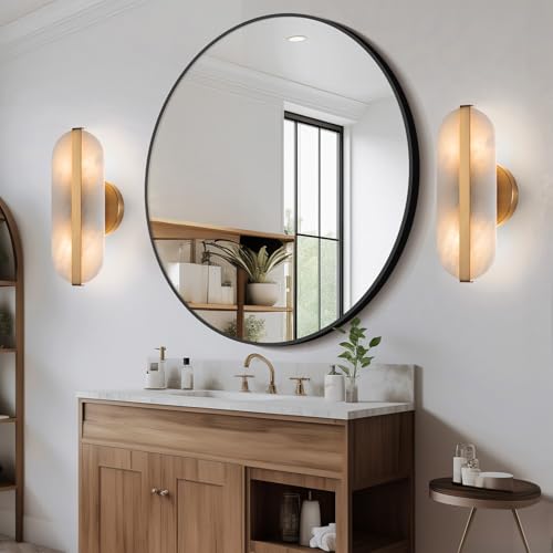 Natural Alabaster Wall Sconces Set of Two Marble Wall Sconces Gold Bathroom Vanity Wall Light Fixtures Modern Oval Stone Wall Lamp for Bedroom Living Room Hallway Restaurant Stairs