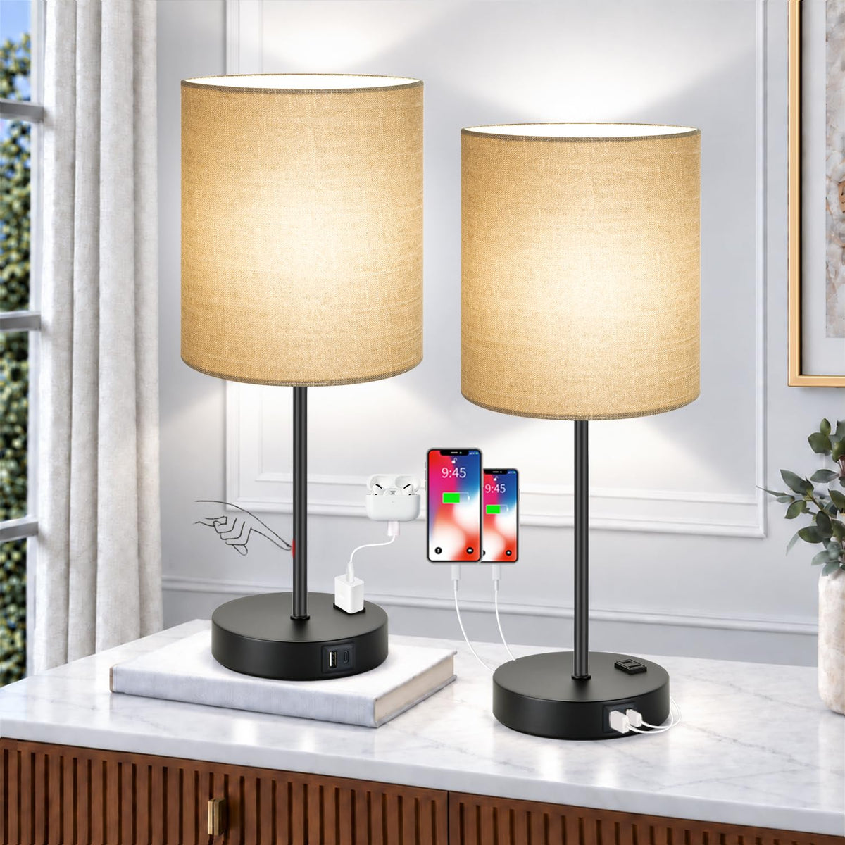 Set of 2 Touch Control Table Lamps (Champagne Gold & Matte Black - 5000K)