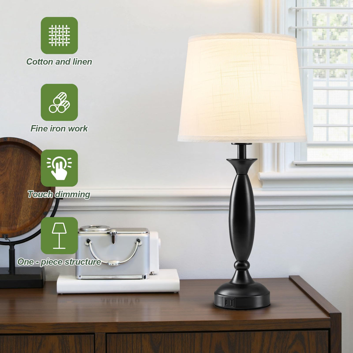 23" Touch Lamps for Nightstand Set of 2 (Black & White Shade)