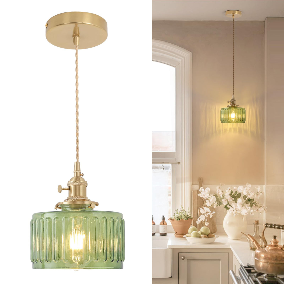 Pendant Light with Green Striped Glass Lmapshade (Z-Striped Green new)