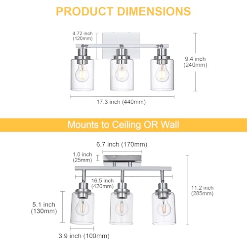 3 Light Track Lighting Kit Ceiling Kitchen Track Lighting Fixtures Chrome Bathroom Vanity Wall Lights with Clear Glass Multi (Chrome / 3-Light)