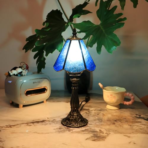 Tiffany Style Table Lamp Blue Rippled Stained Glass Lamp 14 Inch (Sea Blue Rippled)