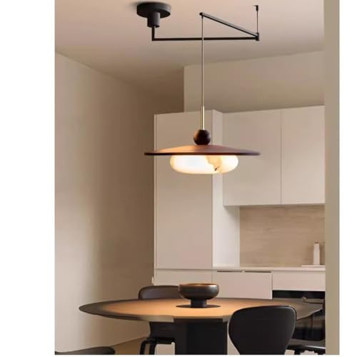 Modern Swing Arm Pendant Light Faux Alabaster Glass Shade Ash Wood Base Walnut Rotating Ceiling LED Lamp 3 Color Dimmable Dining Room Kitchen Interior Home Decor Lighting