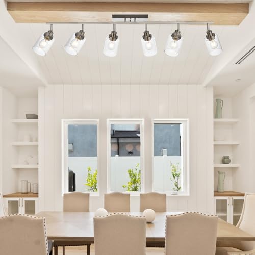6 Light Brushed Nickel Kitchen Track Lighting Fixtures Ceiling Mount Track Lighting Kit with Bubble Seeded Glass Shade Modern Bathroom Tracking Vanity Lights Ceiling Tracking Accent Shop Light (Brushed Nickel / 6-Light)