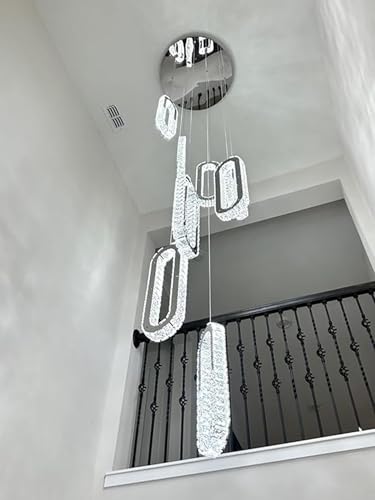 Modern Crystal Chandelier Adjustable 8 Rings Chandelier for Foyer Stairwell Crystal High Ceiling Pendant Light Dimmable 2700K (Silver / 8 Rings (New))