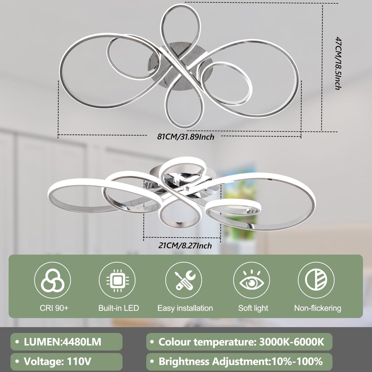 66W Modern LED Ceiling Light (Chrome,31.89Inch)