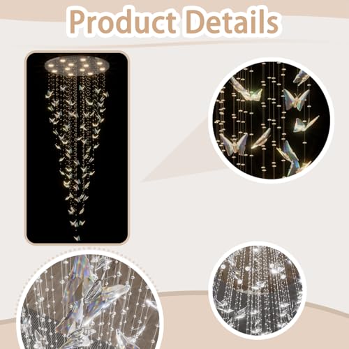 H102 High Ceiling Chandelier Modern Crystal Chandeliers Lighting Raindrop Large Chandelier for Staircase Foyer Entryway Living Room Dimmable 3000 (Silver / Dia 32")