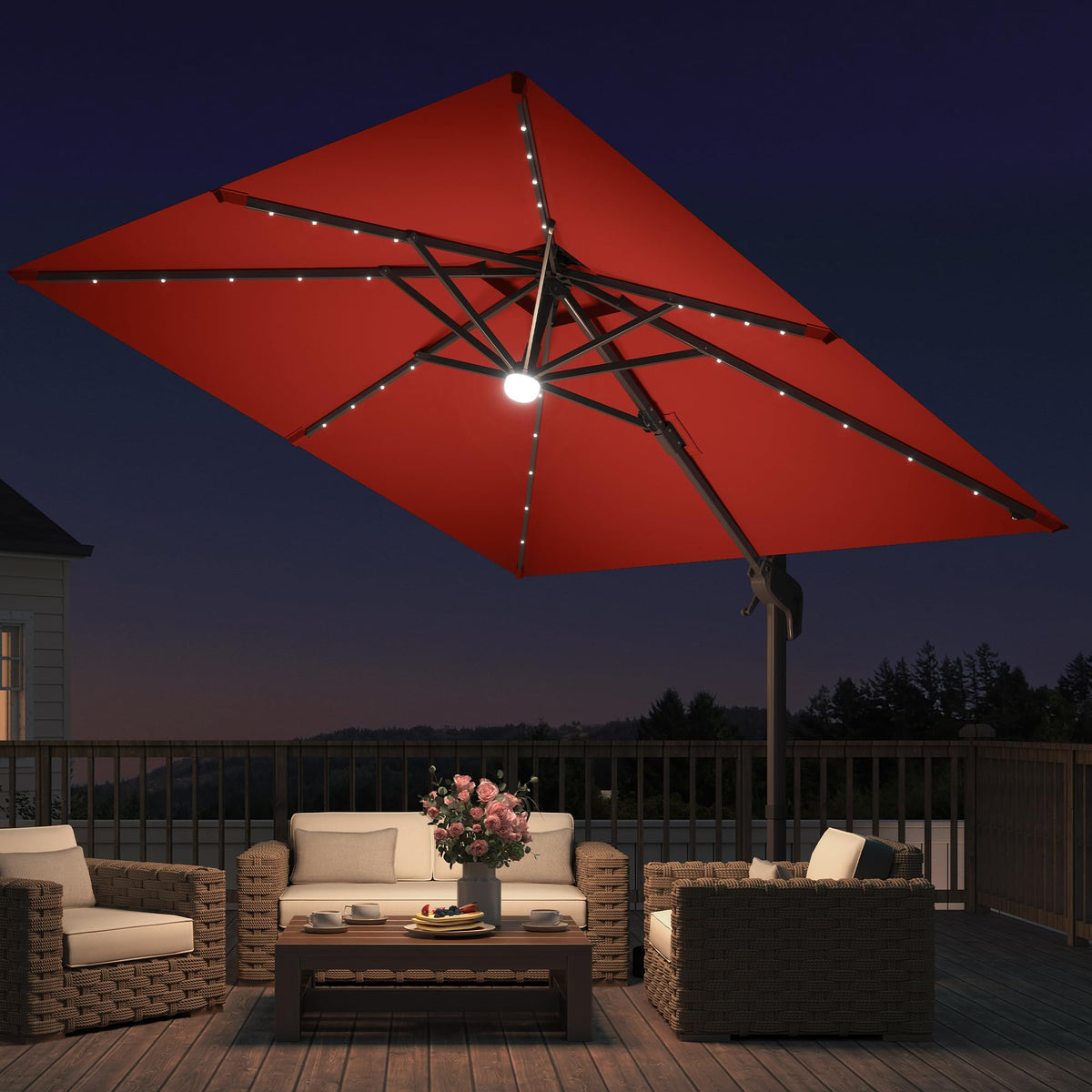 9x9 FT Cantilever Offset Patio Umbrella with Lights & Base (Red)
