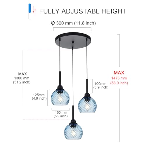 3 Light Pendant Lighting with Striped Swirl Globe Glass Blue Cluster Pendant Light for Kitchen Island (Blue / 3-Light-Round Cluster)