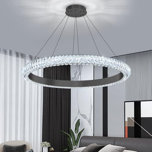 32" 1 Ring Crystal Chandelier Modern LED Dimmable Ring Pendant Light Chandelier for Dining Room Living Room Black (Black / 1 Ring Round 32")