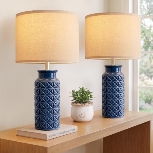22.6" Modern Ceramic Bedside Lamps Set of 2 (Dark Blue)