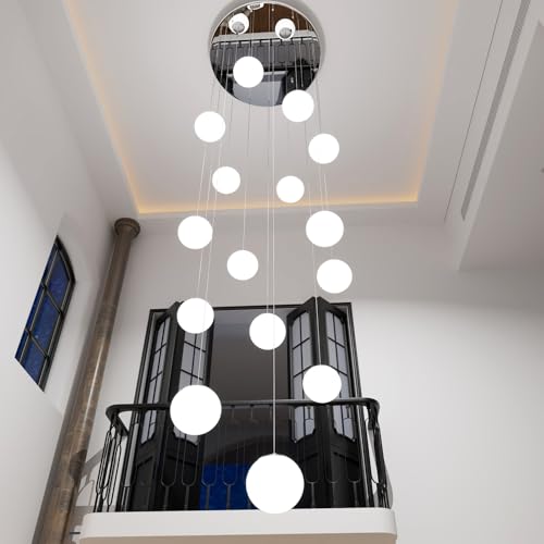 H 138" Large Chandelier with White Globe Glass Dimmable Ceiling Light Glass Pendant Light for Kitchen Island (Silver-White / Globe 15-Light)