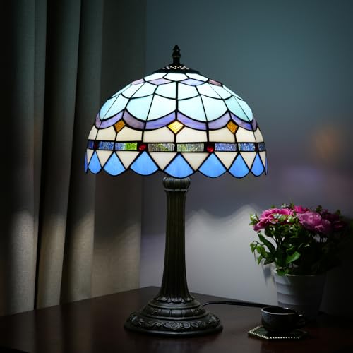 Tiffany Table Lamp Stained Glass Lamp Mediterranean Blue Bedroom Table lamp Reading Desk Light for Bedside Living Room Office Dormitory Dining Room Decorate Housewarming Gift 12X12X18 inches (Blue Mediterranean Style)