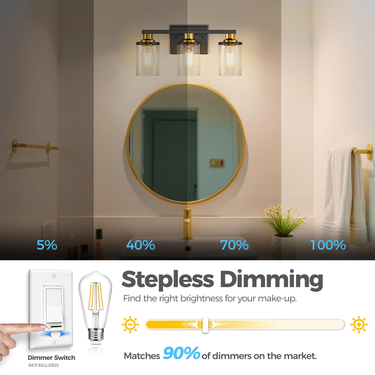 Bathroom Vanity Light with 3 Bulbs 17 Inch Black and Gold (Black and Gold / 3-Light)