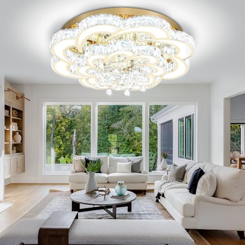 Dia 40'' Modern Crystal Chandelier Flush Mount Crystal Ceiling Light Fixture Dimmable LED Large Ceiling Chandelier for Living Room Dinning Room Bedroom (Gold / Dia 40")