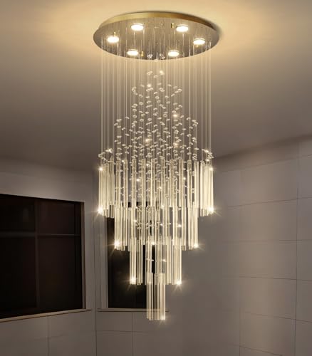 W20 x H40 Crystal Glam Chandelier Long Light Chandeliers with Dimmable Light Bulbs High Ceiling Light Fixtures for Foyer Entryway Living Room Stair Gold (Gold / Round W20" X H40")