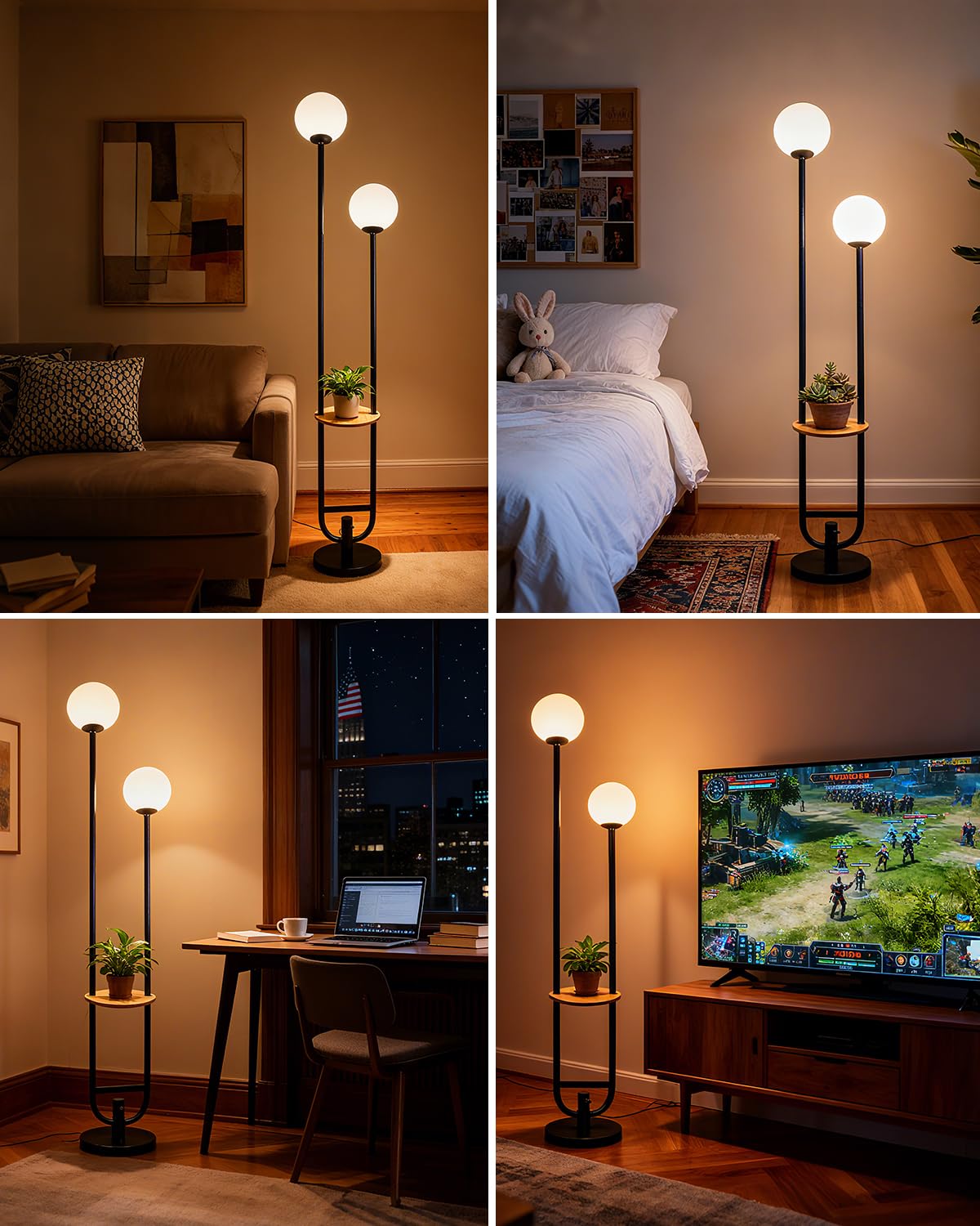 63IN 2 Globe Floor Lamp Dimmable Tall Standing Lamps with Table 3000K Warm White Unique Vintage Modern Mid Century Floor Lamp with 5Lbs Heavy Base for Living Room (Black-2U)
