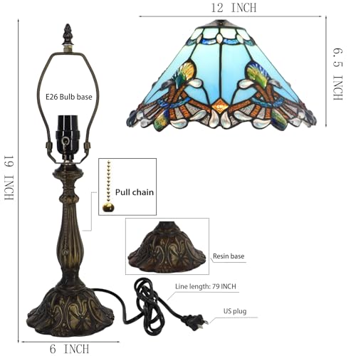 Tiffany Table Lamp Stained Glass Bedside Reading Light W12H19 inch (Sapphire Baroque Style)