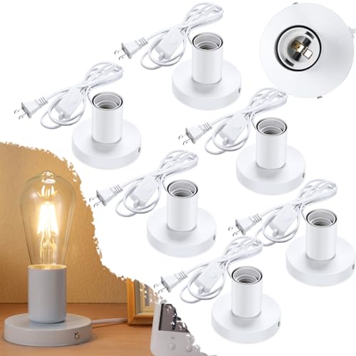 6 Pcs Polished Metal Desktop Lamp E26 E27 Screw Light Bulb Sockets Holder Base Lamp Replacement Base for Holding Bulb 6 Feet Cord on Off Switch Plug (White)