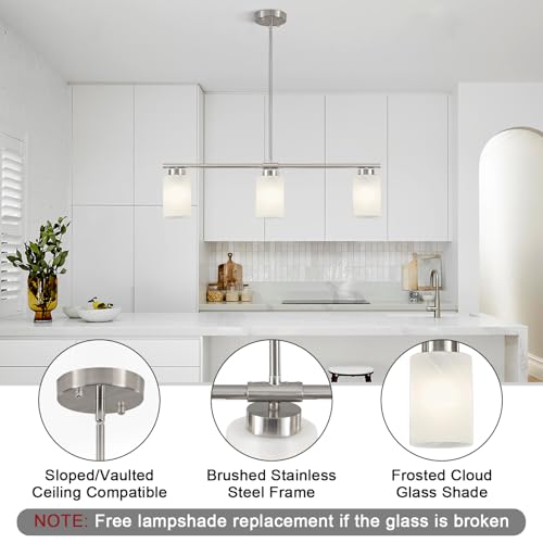 3 Light Kitchen Island Lighting Brushed Nickel Dining Room Light Fixture with Milk Glass Shade 31" Modern Linear Chandelier Adjustable Hanging Pendant Lighting Over Island Dining Table Living Room (Silver / 3-light)
