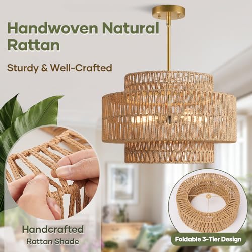 19" Boho Rattan Chandelier for Dining Room Light Fixture (Country / 5-Light)