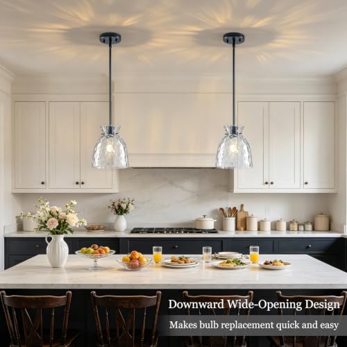 7.5" Black Hammered Glass Pendant Lights Kitchen Island Lighting 1 Pack E26 (1-Pk Black / D7.5" / Upgrade Rods)