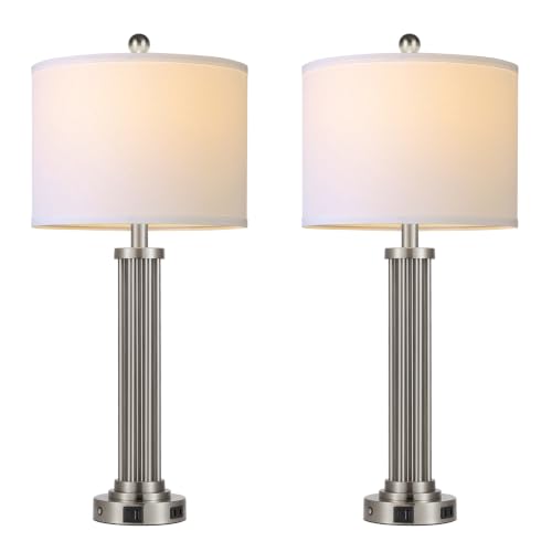 28" Tall Modern Table Lamps Set of 2 with USB C+A Ports and AC Outlet (Silver-2 Pack)