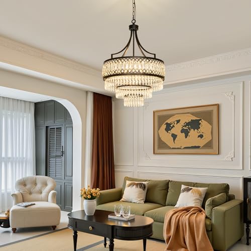 20'' Crystal Chandeliers for Dining Room Modern Black Pendant Light Fixture for Foyer Entryway Bedroom Hallway Kitchen Bar Dining Room (Black)