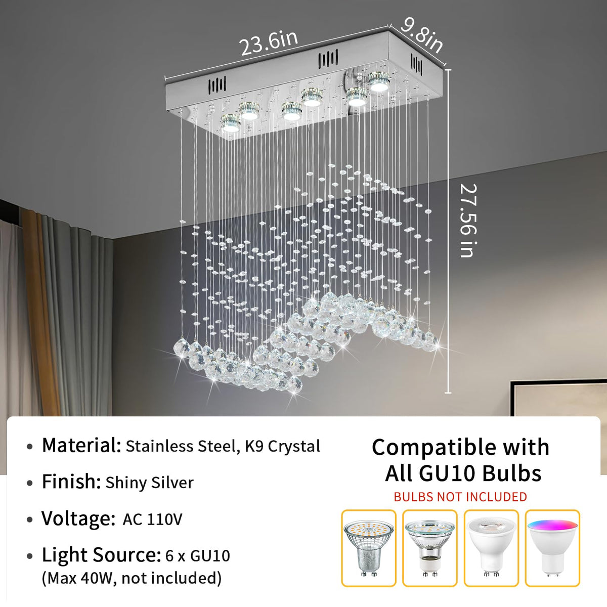 Modern Wave Chandelier (01-Silver-L23.6" x W9.8" x H27.56")