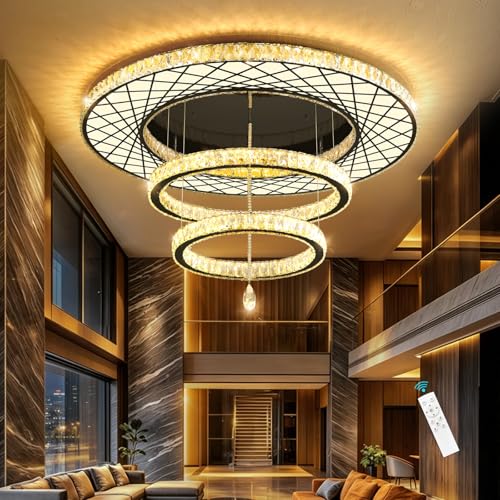 48 inch Large Size Glam Chandelier Crystal Ceiling Light for Living Room Chandeliers Lighting Fixtures with Remote Dimmable LED Light (48 inch / Black)