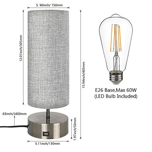 3 Way Dimmable Touch Control Table Lamp with USB Charging Port Set of 2 (Grey 1 Fabric Shade)