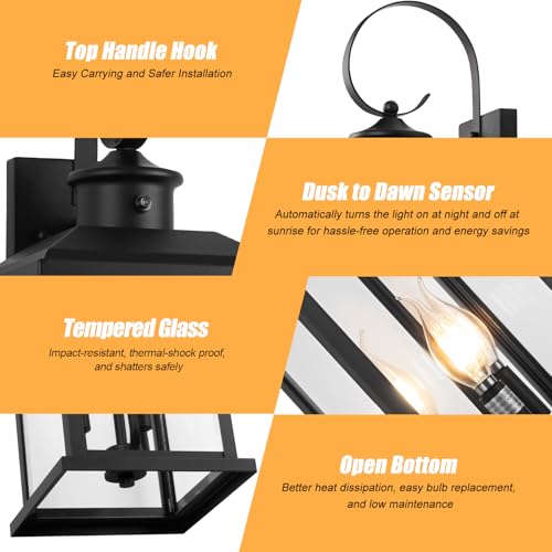 24" Dusk to Dawn Outdoor Wall Light Fixture Extra Large Lamp 2Pack (Black / Dusk to Dawn)