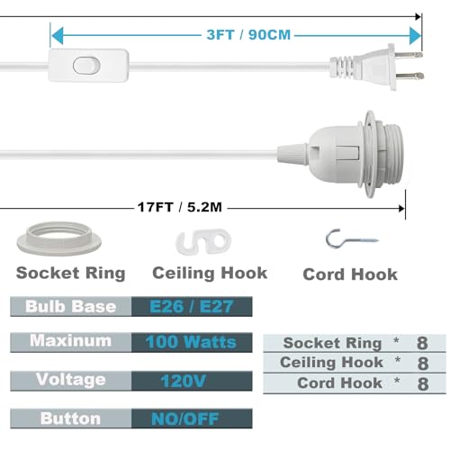 20Ft Plug in Pendant Light Hanging Cord Kit (White / 20FT)