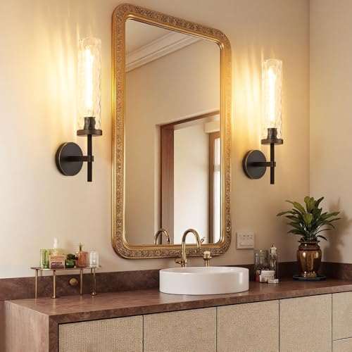 19.5" Knurled‑Craft Hardwired Black Gold Wall Sconce (Black-Water Ripples / 19.5″-2 Pack)
