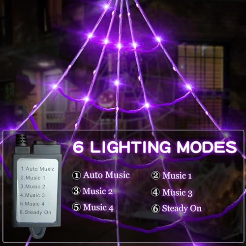 Motion Activated Lighting&Speaking] 20 * 17FT Halloween Spider Web 150 Led Purple Lights Light Up Lighted Triangular Giant Waterproof with 200sqft Cobweb for Outdoor Decor Yard Decoration