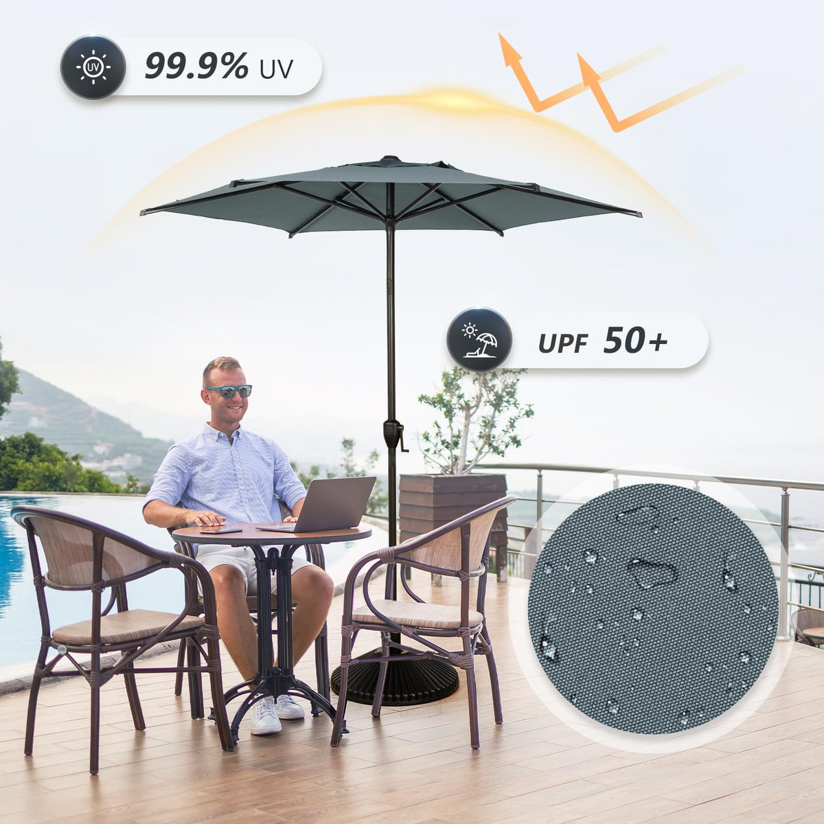 7.5FT Lyon Outdoor Patio Umbrella Outdoor Table Umbrella with Push Button Tilt and Crank Market Umbrella 6 Sturdy Ribs UV Protection Waterproof for Garden Deck Backyard Pool Grey (7.5 FT(6 Ribs) / Grey)