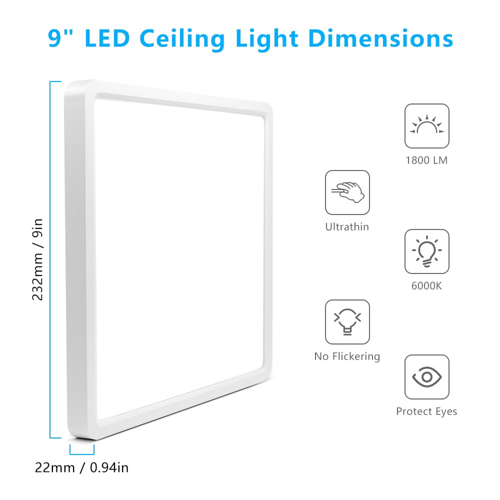 9Inch 18W Square LED Ceiling Light Fixtures Flush Mount (Cool White / 9 inch White)